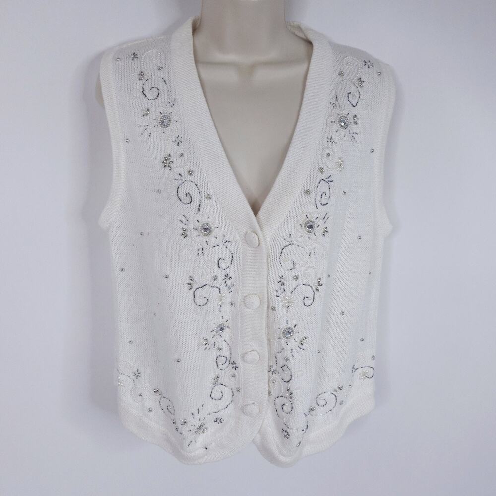 VJ Christmas Vest Sweater Womens Large Petite Off White Silver Beaded V Neck